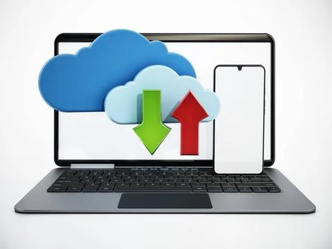 Laptop computer, smartphone and cloud symbols with green and red arrows. 3... Stock Photos