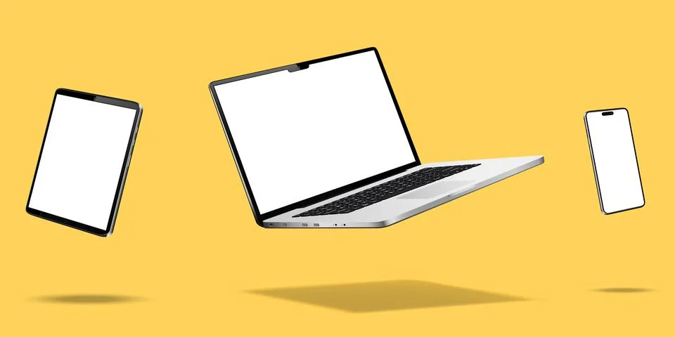Laptop computer, smartphone and tablet while levitating in the air on a yello Stock Illustration