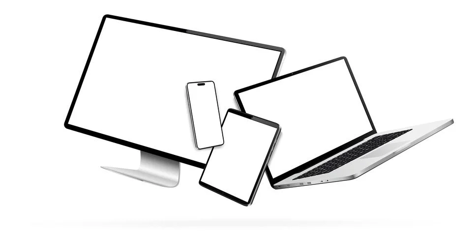 Laptop, computer, smartphone and tablet while levitating in the air on a whit Stock Illustration