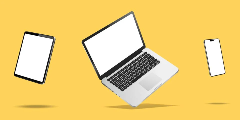 Laptop computer, smartphone and tablet while levitating in the air on a yello 库存插图