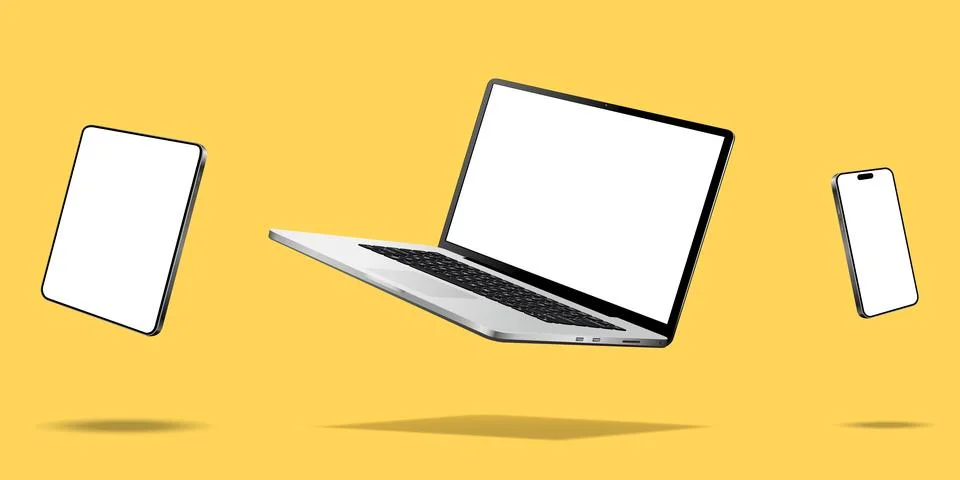 Laptop computer, smartphone and tablet while levitating in the air on a yello Stock Illustration
