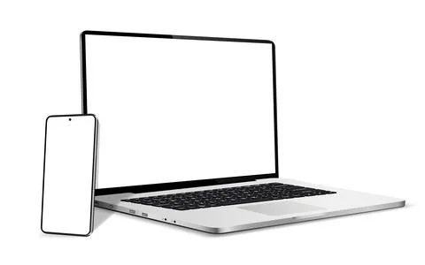 Laptop computer with smartphone blank screen mockup. Vector illustration. Stock Illustration