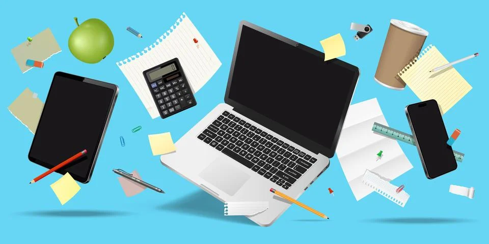 Laptop computer, smartphone, tablet and office supplies while levitating in.. 库存插图