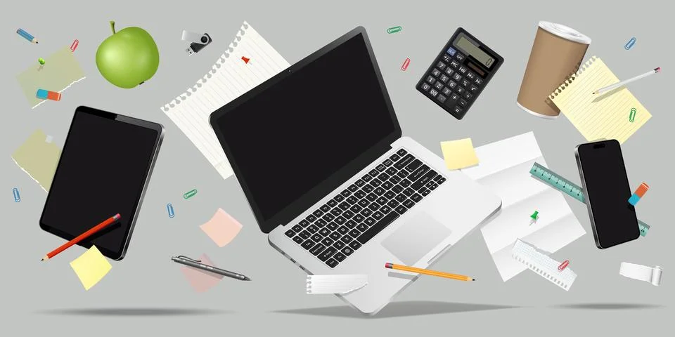 Laptop computer, smartphone, tablet and office supplies while levitating in.. 库存插图