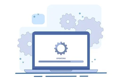 Laptop computer with software update screen, System maintenance, update process. イラスト素材