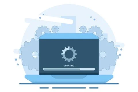 Laptop computer with software update screen, System maintenance, update process. Illustrazione stock