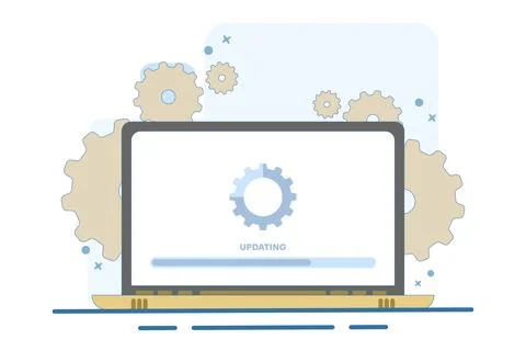 Laptop computer with software update screen, System maintenance, update process. 스톡 일러스트