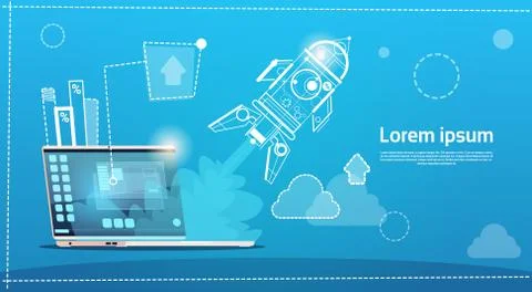 Laptop Computer Space Rocket Startup Development Concept 스톡 일러스트