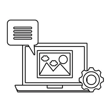 Laptop computer with speech bubble and gear Stock Illustration