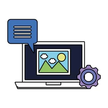 Laptop computer with speech bubble and gear Stockillustratie