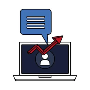 Laptop computer with speech bubble and arrow statistics Illustrazione stock