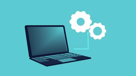 Laptop computer with spinning gear icons appearing as digital system proces.. Stock Footage 338426172