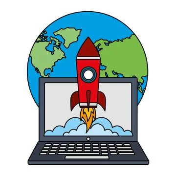 Laptop computer with startup rocket and planet earth Stockillustratie