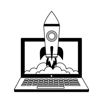 Laptop computer with startup rocket isolated icon 스톡 일러스트