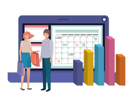 Laptop computer with statistics bars and couple Stock Illustration