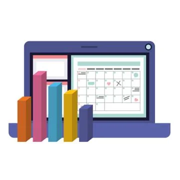 Laptop computer with statistics bars isolated icon Stock Illustration