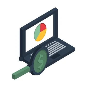 Laptop computer with statistics pie and magnifying glass Stock Illustration