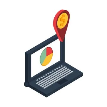 Laptop computer with statistics pie and pin location money Stock Illustration