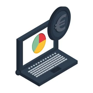 Laptop computer with statistics pie and euro coin Stock Illustration