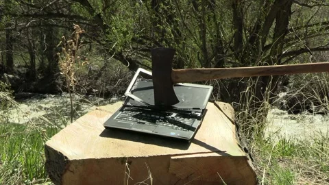 Laptop Computer Struck by Ax Axe Stock Footage 274174398