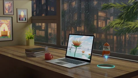 Laptop Computer On Study Table Against Window On A Rainy Night : Lofi Animation Stock Footage 250433657