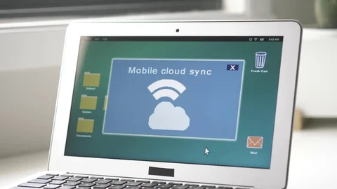 Laptop Computer Syncing Data in Cloud Storage Video stock 80424368