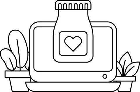A laptop computer is on a table with a bottle of medicine next to it Stock Illustration