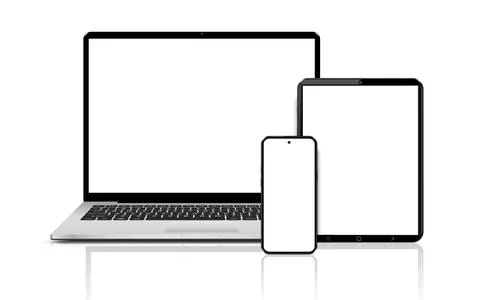 Laptop computer, tablet and mobile phone. Flat lay detailed and realistic d.. Stock-Illustration