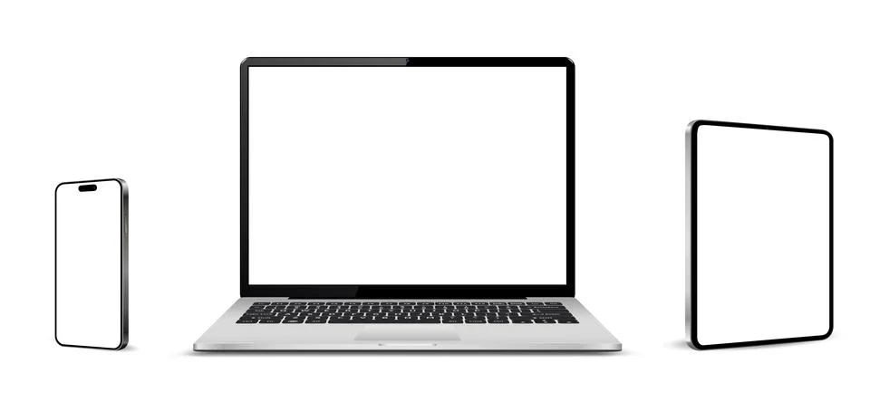 Laptop computer, tablet and mobile phone. Flat lay detailed and realistic d.. Stock-Illustration