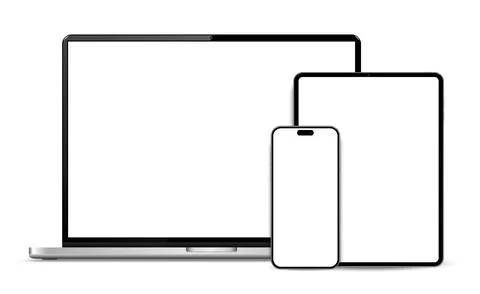 Laptop computer, tablet and mobile phone. Flat lay detailed and realistic dev Stock Illustration