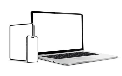 Laptop computer, tablet and smartphone mockup white screen. Device differen.. Stock-Illustration
