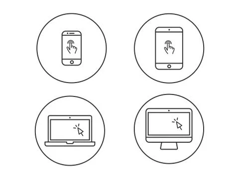 Laptop computer, tablet, mobile with finger gesture and cursor vector line ic 스톡 일러스트