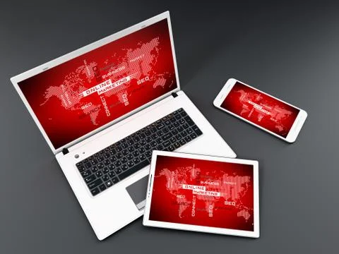 Laptop computer, tablet PC and smartphone. Online marketing concept Illustrazione stock