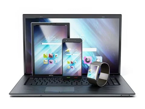 Laptop computer, tablet pc, smartphone and smartphone. 3D illustration Lap... Stock Photos