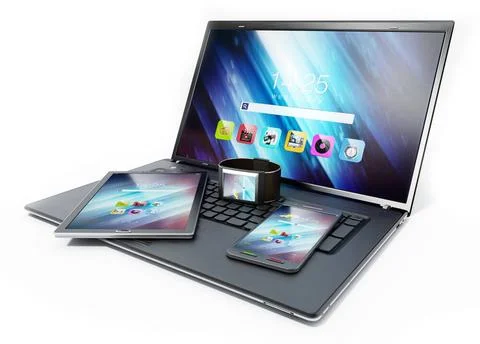 Laptop computer, tablet pc, smartphone and smartphone. 3D illustration Lap... Stock Photos