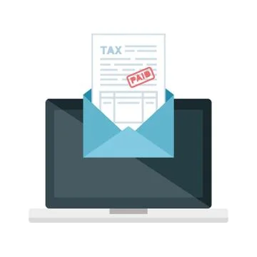 Laptop computer with tax documents in envelope Illustrazione stock