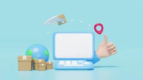 Laptop computer with thumbs up, goods cardboard box fly, globe, pin isolate.. Stock Footage 266756003