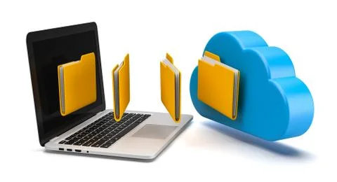 Laptop Computer Transferring Data to a Blue Cloud 3D Illustration on White Stock Illustration