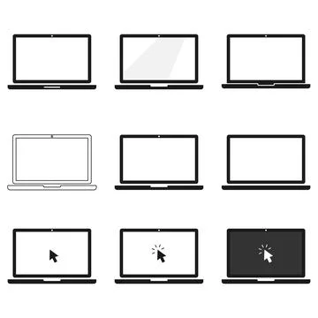 Laptop computer vector icons set with blank screen and cursor click elemen Illustrazione stock