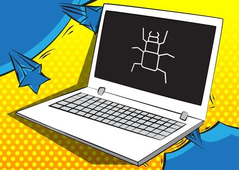Laptop with Computer virus sign on the screen. Vector cartoon illustration. T Stock Illustration