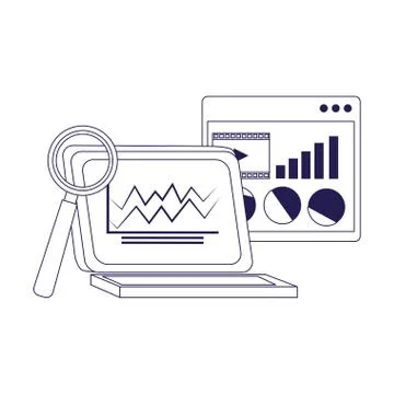Laptop computer with web page and magnifying glass, flat design Stock Illustration