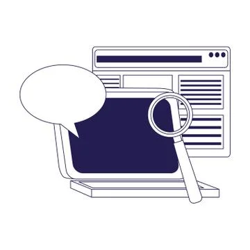 Laptop computer with web page, speech bubble and magnifying glass, flat design Stock Illustration