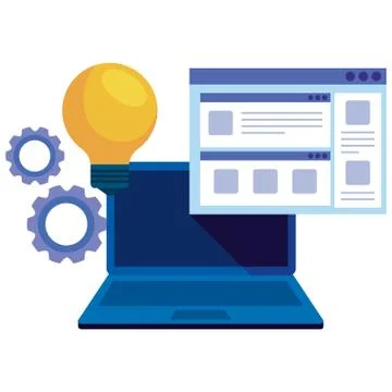 Laptop computer with webpage and bulb 스톡 일러스트