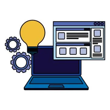 Laptop computer with webpage and bulb Illustrazione stock