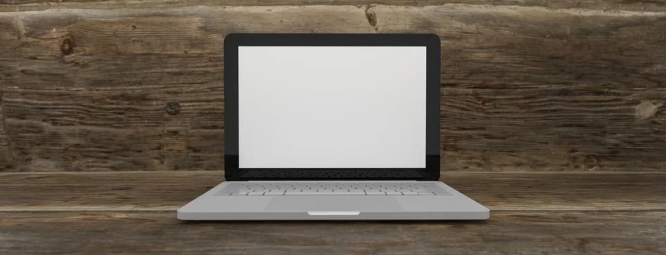 Laptop computer white blank screen on work table front view. Copy space. 3d Stock Illustration