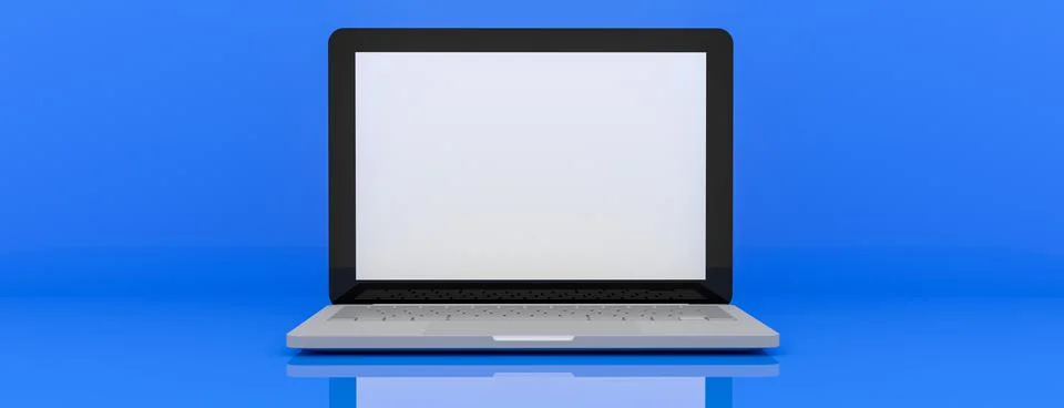 Laptop computer white blank screen on work table front view. Copy space. 3d Stock Illustration