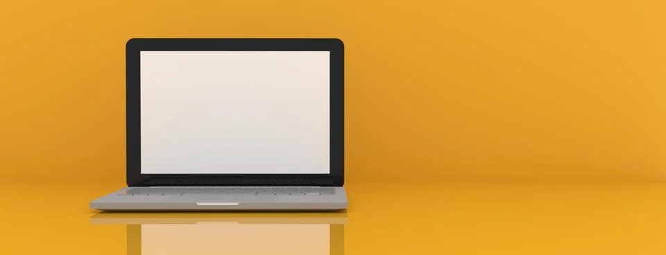 Laptop computer white blank screen on work table front view. Copy space. 3d Illustrazione stock