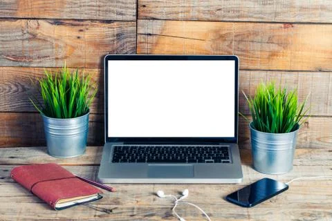 Laptop computer with white blank screen. Stock Photos