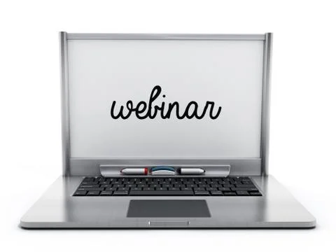 Laptop computer with white board with the word webinar Stock Illustration