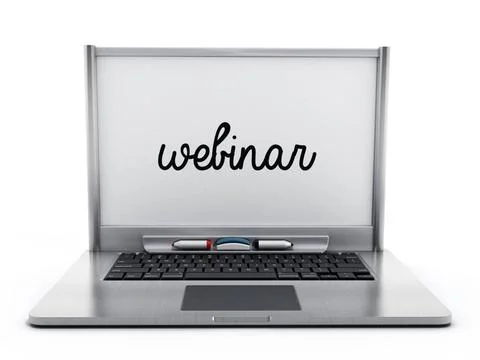Laptop computer with white board with the word webinar Laptop computer wit... Stock Photos